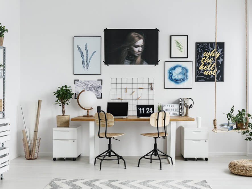 Crisp_white_Neutral_modern_study_scandi_hanging_plant_timber_desk_chair_artwork_rug_globe